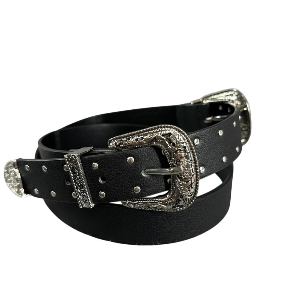 Black Double Buckle Western Belt Silver Ornate Floral Engraved Hardware M/L 107c